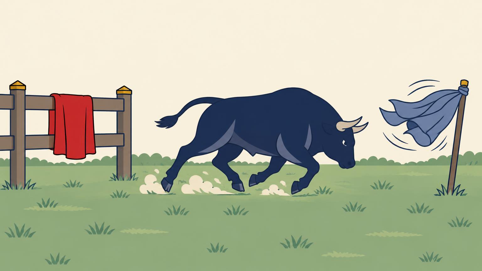 Illustration of a bull in a pasture charging toward a blue-grey cloth flapping on a pole while a still red cloth hangs untouched on a fence behind it