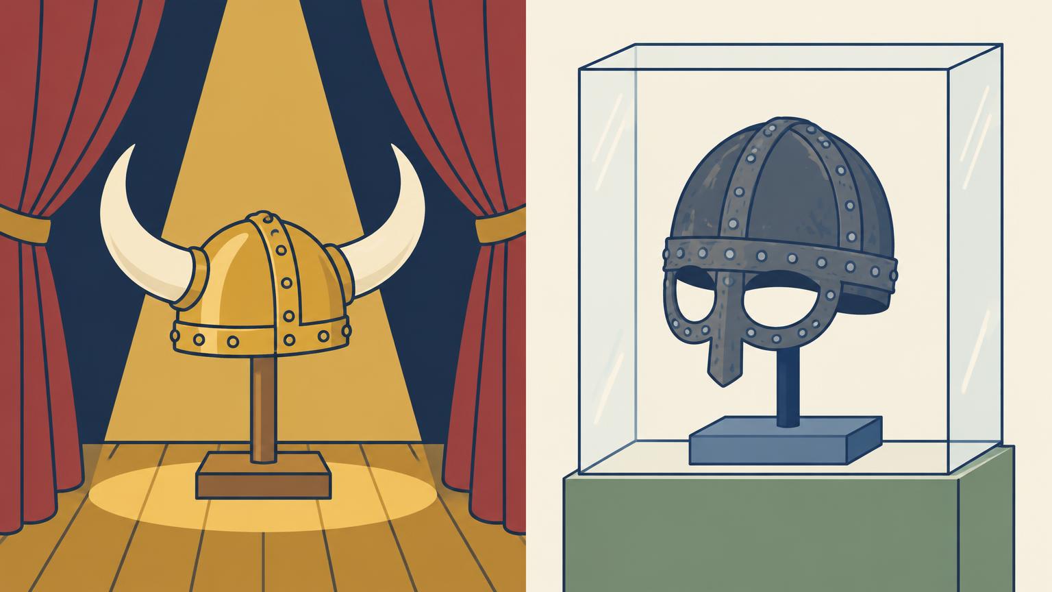 Illustration of a horned costume helmet under a spotlight on a theatre stage, beside a plain rounded iron helmet with a spectacle-shaped eye and nose guard in a museum display case