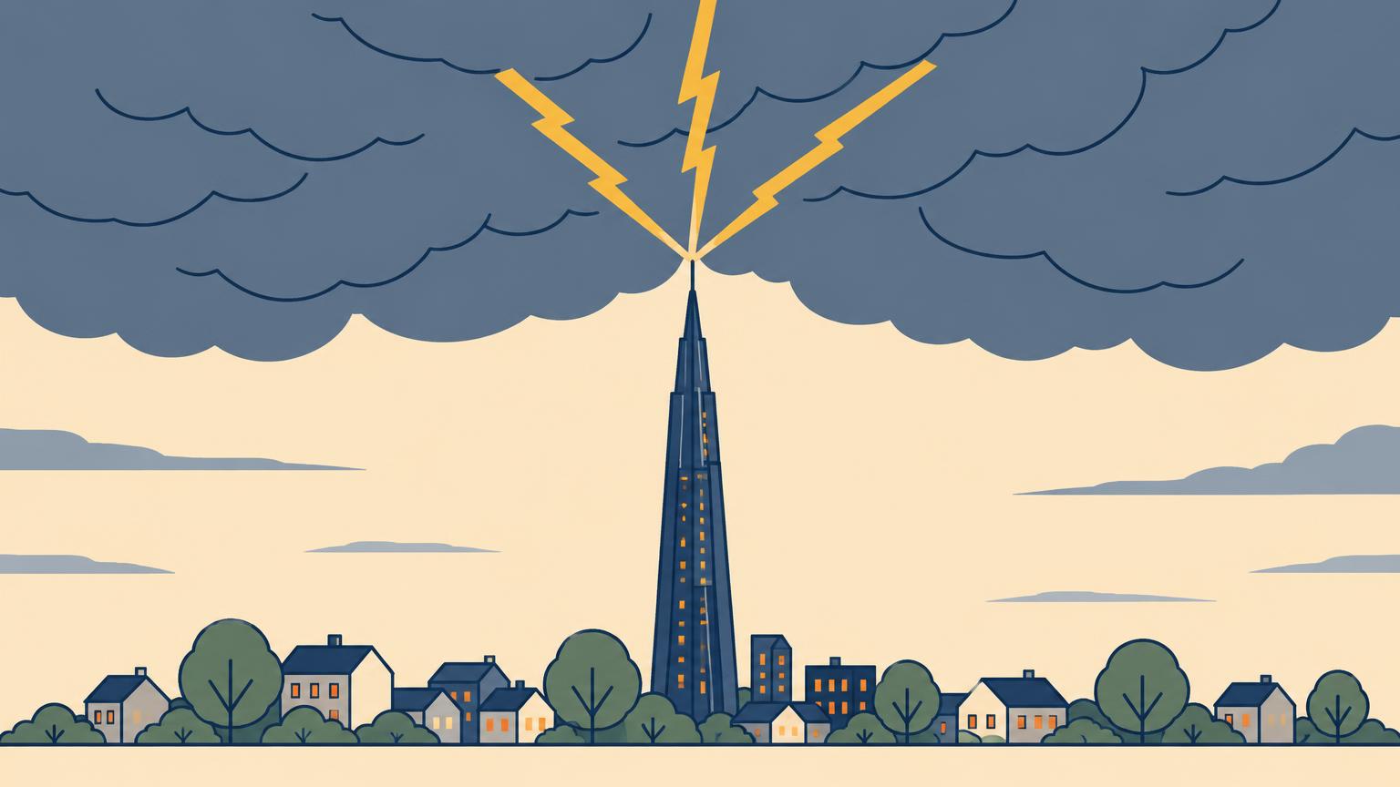 Illustration of a small town under dark storm clouds where three lightning bolts all strike the tip of one very tall, thin spire while the low houses and trees around it are untouched