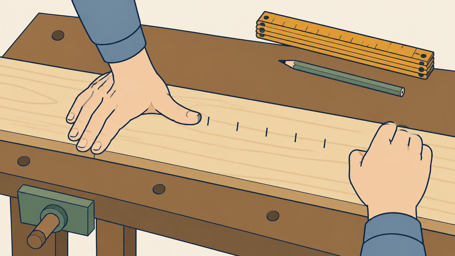 Illustration of hands on a woodworking bench measuring a plank by laying a thumb across it, with pencil marks a thumb-width apart, while a folding ruler lies unused nearby